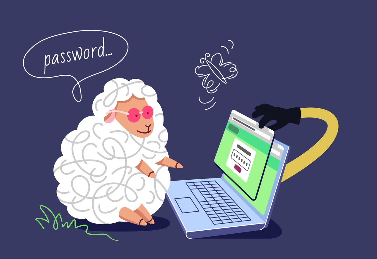 sheep in sunglasses sitting at computer entering password.
